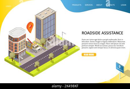 Roadside assistance landing page website template. Vector isometric city street with buildings, tow truck evacuator and location map pin above it. Car Stock Vector