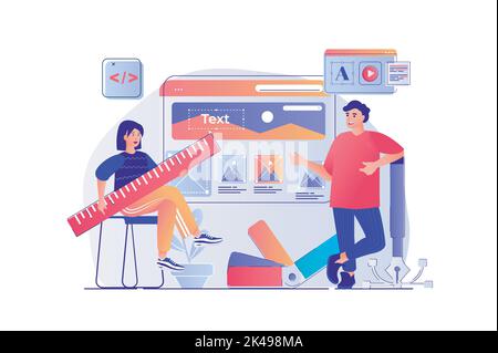 Web design concept with people scene. Man and woman designers creating site layout and place graphic elements and navigation buttons. Vector Stock Vector