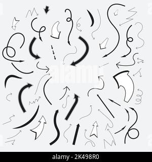 Doodle Vector Arrow Set. Hand drawn simple symbols. Direction pointers Shapes and Objects. Children pencil drawing. Editable vector stroke Stock Vector