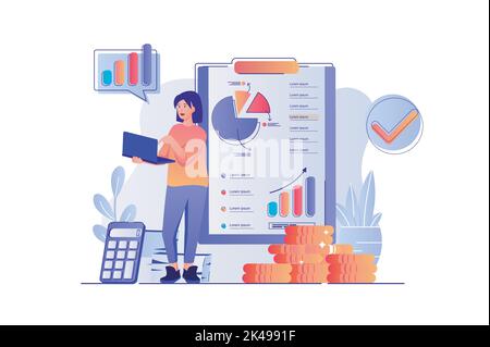 Accounting concept with people scene. Woman bookkeeper making research of financial data and statistics, company profit or business income. Vector Stock Vector