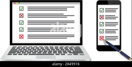 Laptop and mobile with checkboxes filled with check marks. Vector illustration isolated on white background. Online survey, checklist concept. Stock Vector
