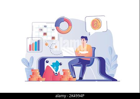Planning financial budget concept with people scene. Man calculating and analyzes financial statistics and planning payments in calendar. Vector Stock Vector