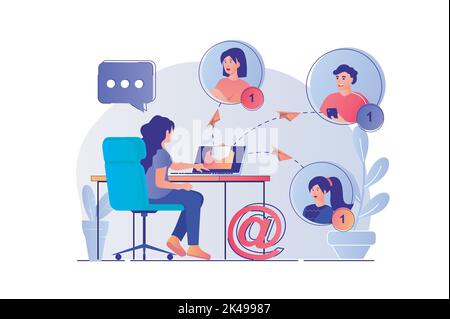Email service concept with people scene. Woman keeping online correspondence, chatting, receiving and sending letters for online friends. Vector Stock Vector