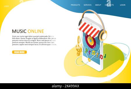 Music online landing page website template. Vector isometric smartphone with headphones, treble clef and notes. Music streaming service concept. Stock Vector
