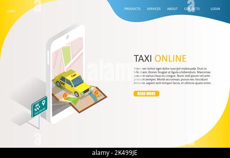 Taxi online landing page website template. Vector isometric smartphone with map, location pin and yellow taxicab. Mobile taxi service app concept. Stock Vector