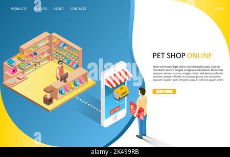 Pet shop online landing page website template. Vector isometric illustration of man buying cat dog carrier travel bag cage via smartphone. Online shop Stock Vector