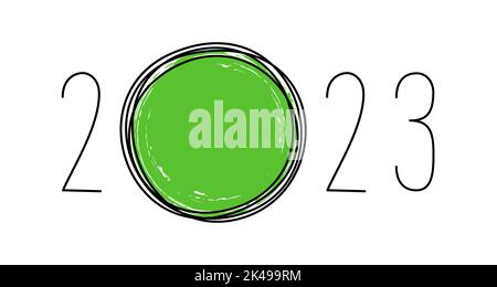 Hand drawn lettering with year 2023 numbers with scribble circle for yout design, and green circle hand painted with ink. Vector illustration isolated Stock Vector