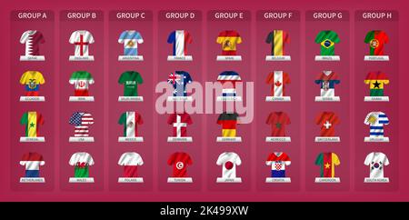 Qatar soccer fifa world cup tournament 2022 . 32 teams group stages with jersey and waving country flag pattern . Vector . Stock Vector
