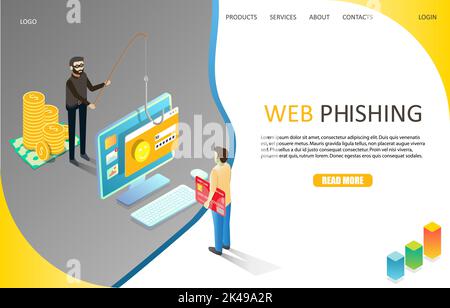 Web phishing landing page website template. Vector isometric illustration of fraudster fishing user private confidential account information. Malware Stock Vector