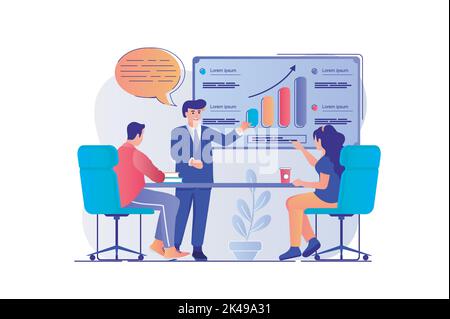 Business meeting concept with people scene. Man and woman discussing presentation, doing work tasks and create company financial strategy. Vector Stock Vector