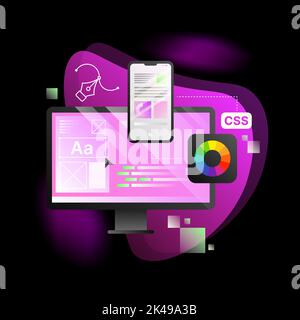Design Application Illustration. Pink Computer Desktop with Online Editing Tools. Vector illustration Stock Vector