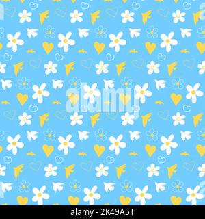 Seamless vector line art pattern made of white with yellow floral elements, birds - pigeons in flight, flowers, on blue. Ukrainian theme, concepts of Stock Vector