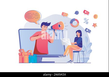 Digital marketing concept with people scene. Man with megaphone makes ad campaign online, creates content, publishes posts, attracts users. Vector Stock Vector