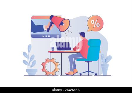 Video marketing concept with people scene. Man creating and posting viral and promo video content, making online promotion for business. Vector Stock Vector
