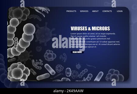 Viruses and microbes landing page website template. Vector illustration of different types of microorganisms, microscopic germs and bacteria. Virology Stock Vector