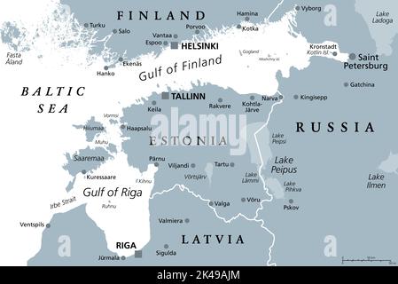 Gulf of Finland and Gulf of Riga region, gray political map. Nordic countries Finland, Estonia and Latvia, and seaway from Baltic Sea to St Petersburg. Stock Photo