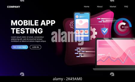 Mobile App Testing. Website Landing Page Template. Vector illustration Stock Vector