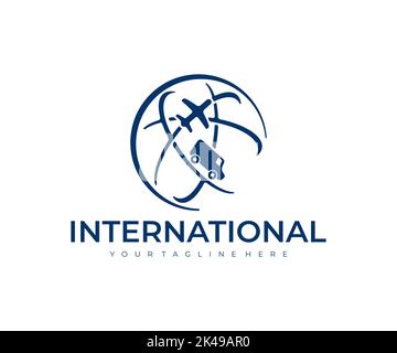 Logistics, delivery and cargo transportation, plane and van, logo design. Global logistics industry and international trade with transportation networ Stock Vector