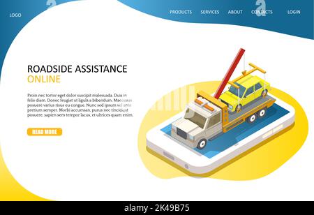 Online roadside assistance landing page website template. Vector isometric smartphone with yellow car on tow truck evacuator. Car towing service mobil Stock Vector