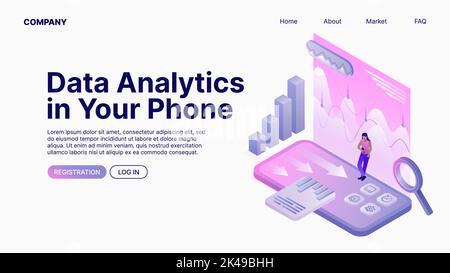 Data Analytics in Your Phone. Data Analyse. Landing Page Template. Vector illustration Stock Vector