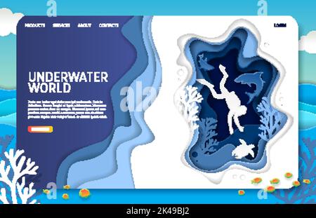Underwater world landing page website template. Vector paper cut tropical underwater sea cave with coral reef fish seaweed and scuba diver swimming wi Stock Vector