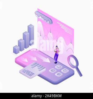 Data Analytics in Your Phone Illustration. Data Analyse. Diagrams. White Template. Vector illustration Stock Vector