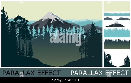 Mountain landscape. Image from layers for overlay with parallax effect. Haunted forest. Coniferous and deciduous trees. Silhouette Mountains rocks on Stock Vector