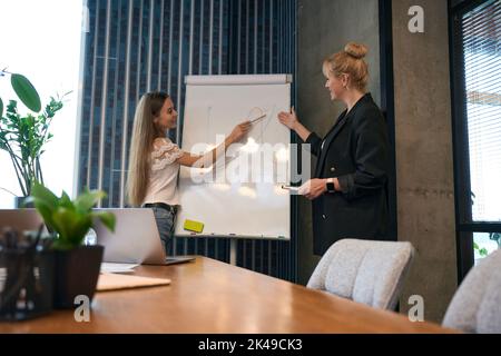 Smiling company employees giving online business presentation Stock Photo