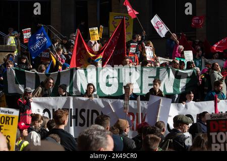 Glasgow, Scotland, 1 October, 2022. Enough is Enough demonstration with trade unions and varying organisations, supporting key workers strikes, and against the policies of the Conservative Government, in Glasgow, Scotland, 1 October, 2022. Photo credit: Jeremy Sutton-Hibbert/Alamy Live News. Stock Photo