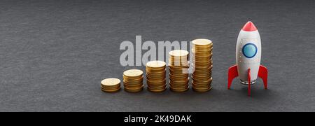 Rising Heaps of Coins and Cartoon Spaceship on Dark Background Stock Photo