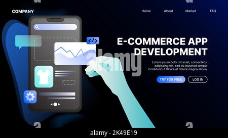 Ecommerce App Development. Landing Page Template. Vector illustration Stock Vector