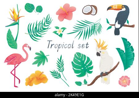 Tropical 3d realistic set. Bundle of colorful flowers and palms or monstera leaves, hibiscus, coconut, toucan, cockatoo parrot, flamingo and other Stock Vector