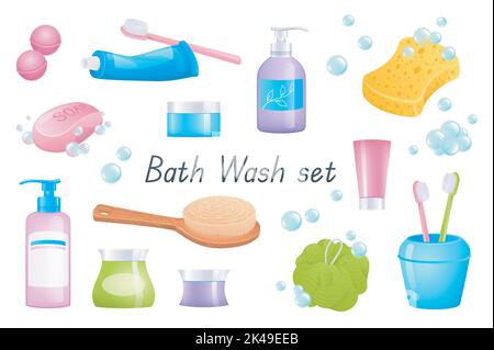 Bath wash accessories 3d realistic set. Bundle of bath bombs, toothpaste, toothbrush, liquid soap, sponge, cream, shampoo bottle, brush and other Stock Vector
