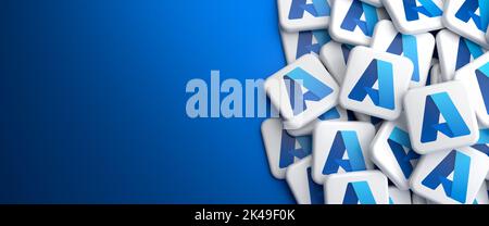Logos of the Microsoft cloud services Azure on a heap on a table. Web banner format with copy space. Stock Photo