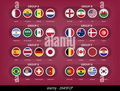 Qatar fifa world cup soccer tournament 2022 . 32 teams Final draw groups with country flag . Vector . Stock Vector