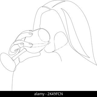 Single continuous line drawing of young woman drinks wine. Vector illustration Stock Vector