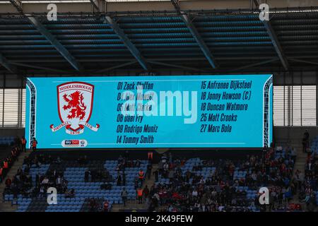 Coventry, UK. 1st October 2022Middlesbrough's travelling fans before the Sky Bet Championship match between Coventry City and Middlesbrough at the Coventry Building Society Arena, Coventry on Saturday 1st October 2022. (Credit: John Cripps | MI News) Credit: MI News & Sport /Alamy Live News