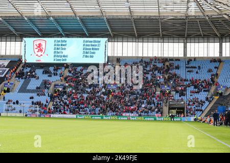 Coventry, UK. 1st October 2022Middlesbrough's travelling fans before the Sky Bet Championship match between Coventry City and Middlesbrough at the Coventry Building Society Arena, Coventry on Saturday 1st October 2022. (Credit: John Cripps | MI News) Credit: MI News & Sport /Alamy Live News