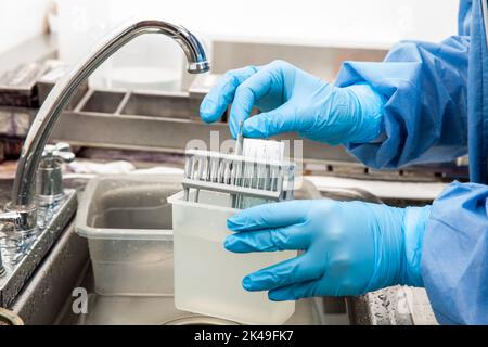 Scientist preparing slides with paraffin embedded tissue samples for immunohistochemistry assay in the laboratory. Stock Photo