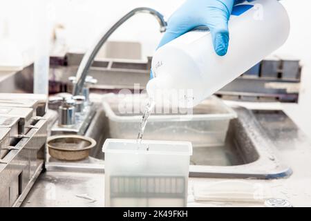 Scientist preparing slides with paraffin embedded tissue samples for immunohistochemistry assay in the laboratory. Stock Photo