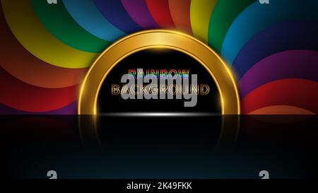The product exhibition trade fair stage is formed of a semicircular frame, golden curves, glitter light with reflections from the ground, and rainbow Stock Vector