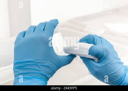 Scientist preparing slides with paraffin embedded tissue samples for immunohistochemistry assay in the laboratory. Stock Photo