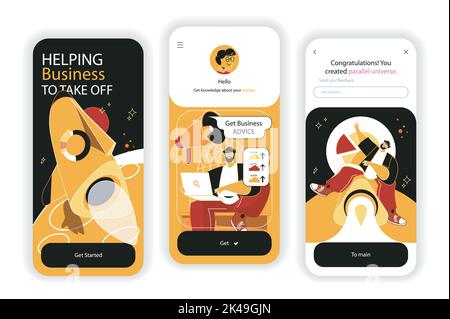 Business startup concept onboarding screens. New project launch, company development and earnings growth. UI, UX, GUI user interface kit with flat Stock Vector