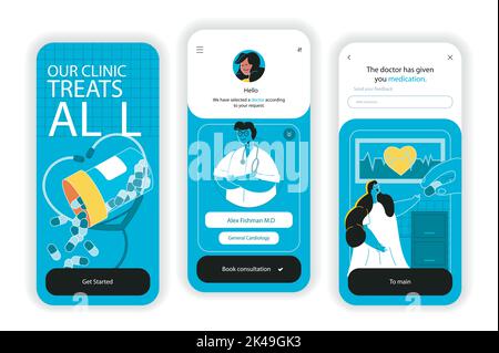 Medical clinic concept onboarding screens. Online doctor consultations and purchase of medicines in pharmacy. UI, UX, GUI user interface kit with flat Stock Vector