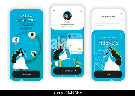Social network concept onboarding screens. Online communication with users, search for new friends, chatting. UI, UX, GUI user interface kit with flat Stock Vector