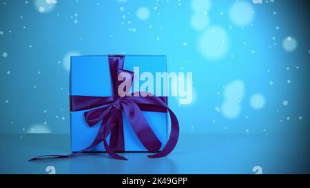 wrapped gift. close-up. light blue gift box with dark blue ribbon. light blue bokeh background with a slight shimmer. High quality photo Stock Photo