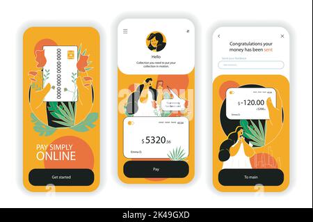 Online payment concept onboarding screens. Ordering goods on store page, digital invoice and paying in app. UI, UX, GUI user interface kit with flat Stock Vector