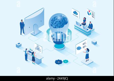 Brainstorming 3d isometric web design. People discuss and find solution to problem, generate creative ideas and improve business projects, work in Stock Vector