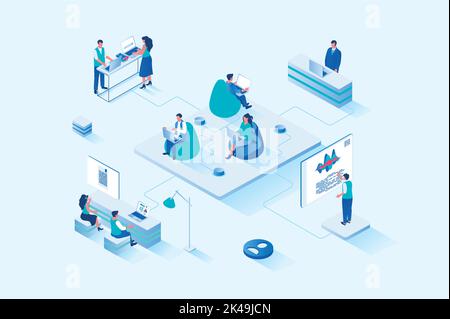 Coworking 3d isometric web design. People work on laptops in open office, discussing tasks and work together on project, communicate and collaborate Stock Vector