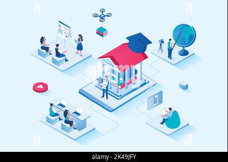 Online education 3d isometric web design. People get new skills and knowledge, read books, study at lessons in class, complete distance courses Stock Vector